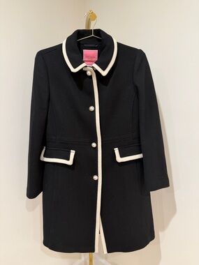 kate spade Black Wool-Blend Coat with Ivory Trim